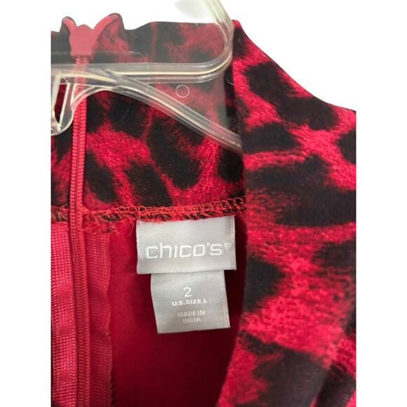 Chicos Size 2, Large Red Leopard Mock Turtle Neck Long Sleeve Blouse Top - Picture 5 of 6